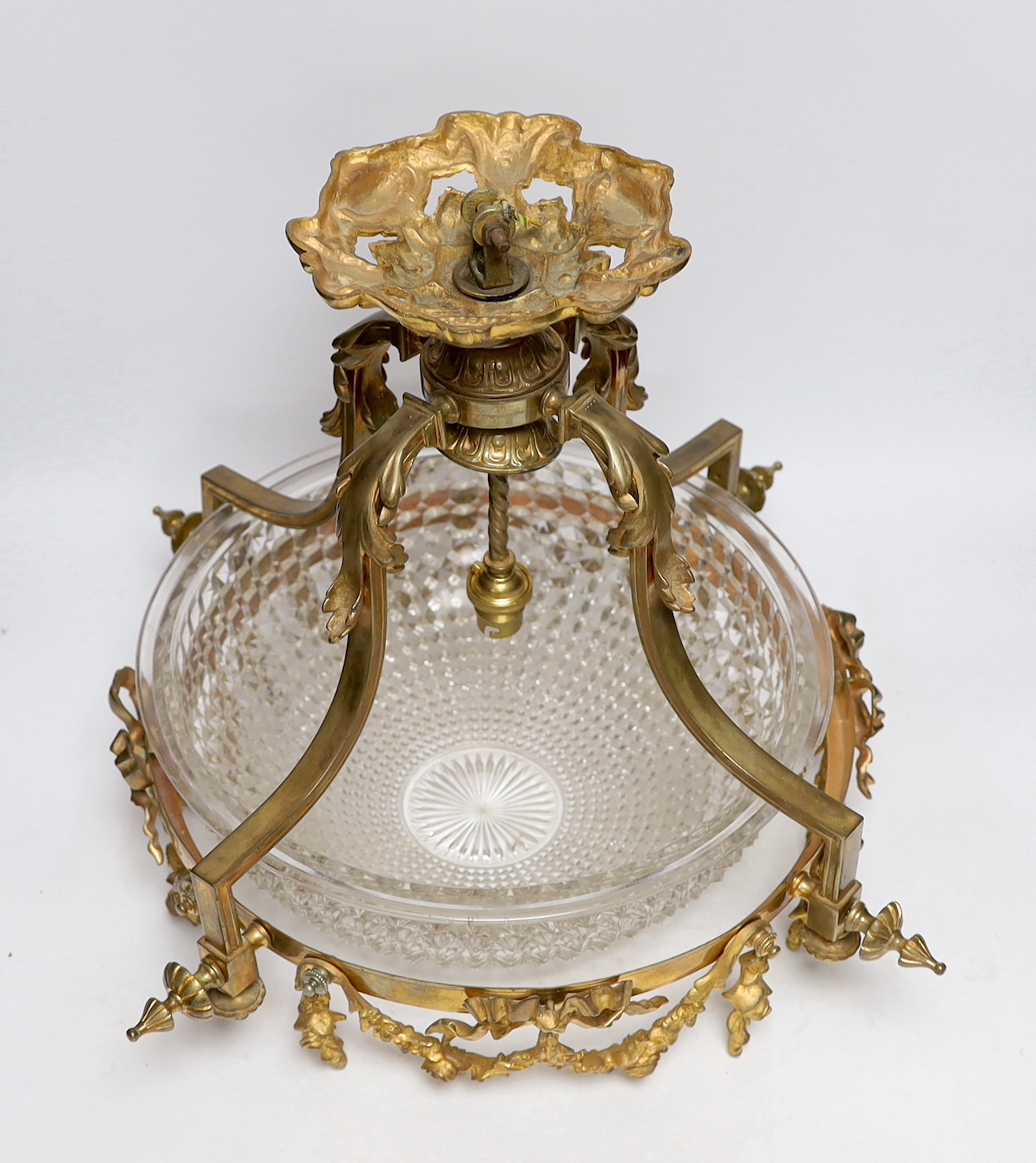 An early 20th century ormolu and hobnail cut glass ceiling shade, 43cm drop